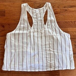 stars above White Racerback Linen Blend Tank with Brown Pinstripes